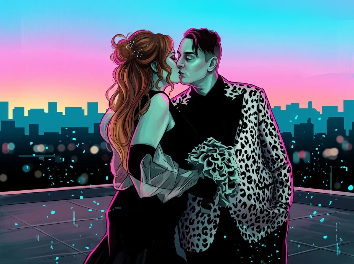 Daniela and Greg Chambers on an Atlanta rooftop at dusk, the skyline behind them