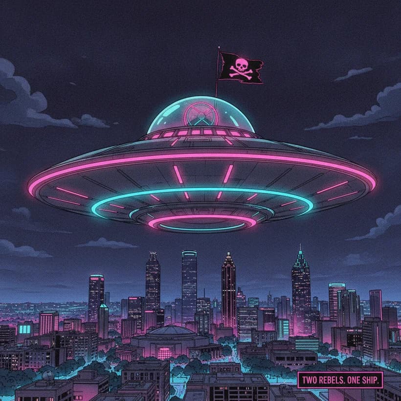 The Spaceship Alpha 9 saucer over the Atlanta skyline, flying a pirate flag