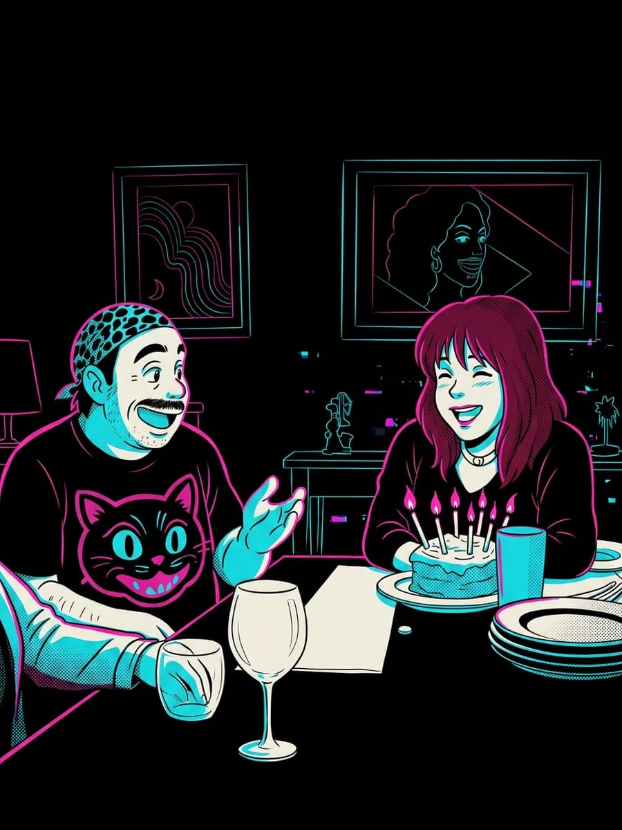 Daniela and Greg Chambers laughing over a birthday cake