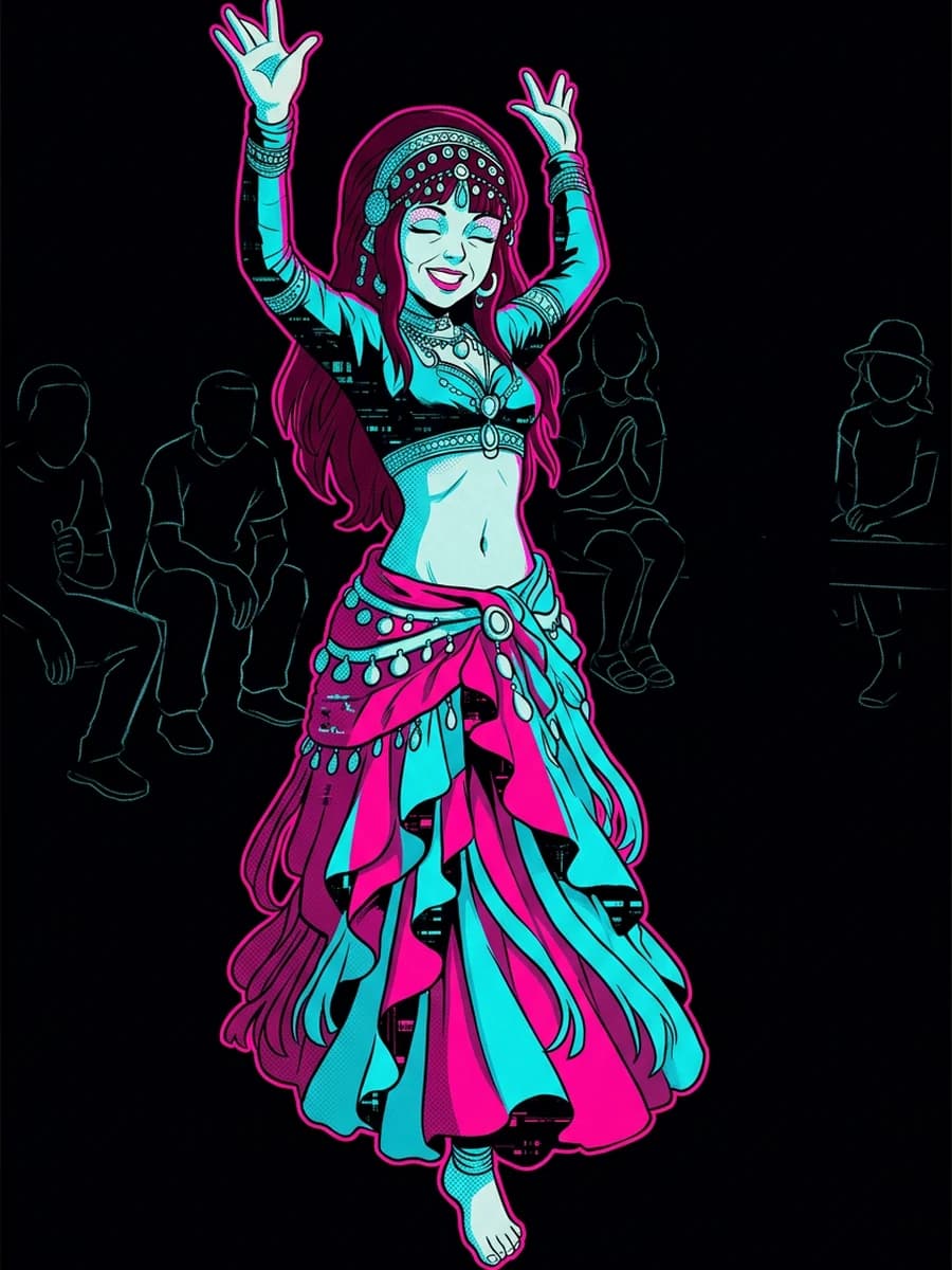 Daniela Chambers dancing, arms raised, mid-performance