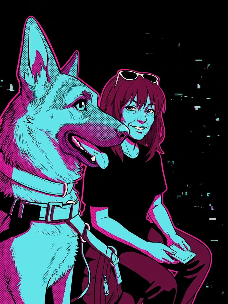 Daniela Chambers beside a German shepherd