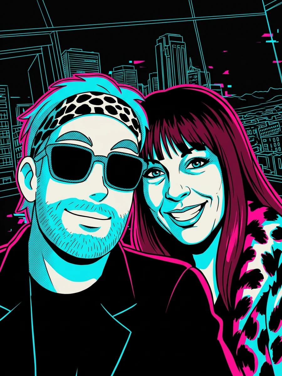 Daniela and Greg Chambers on a rooftop, the city behind them