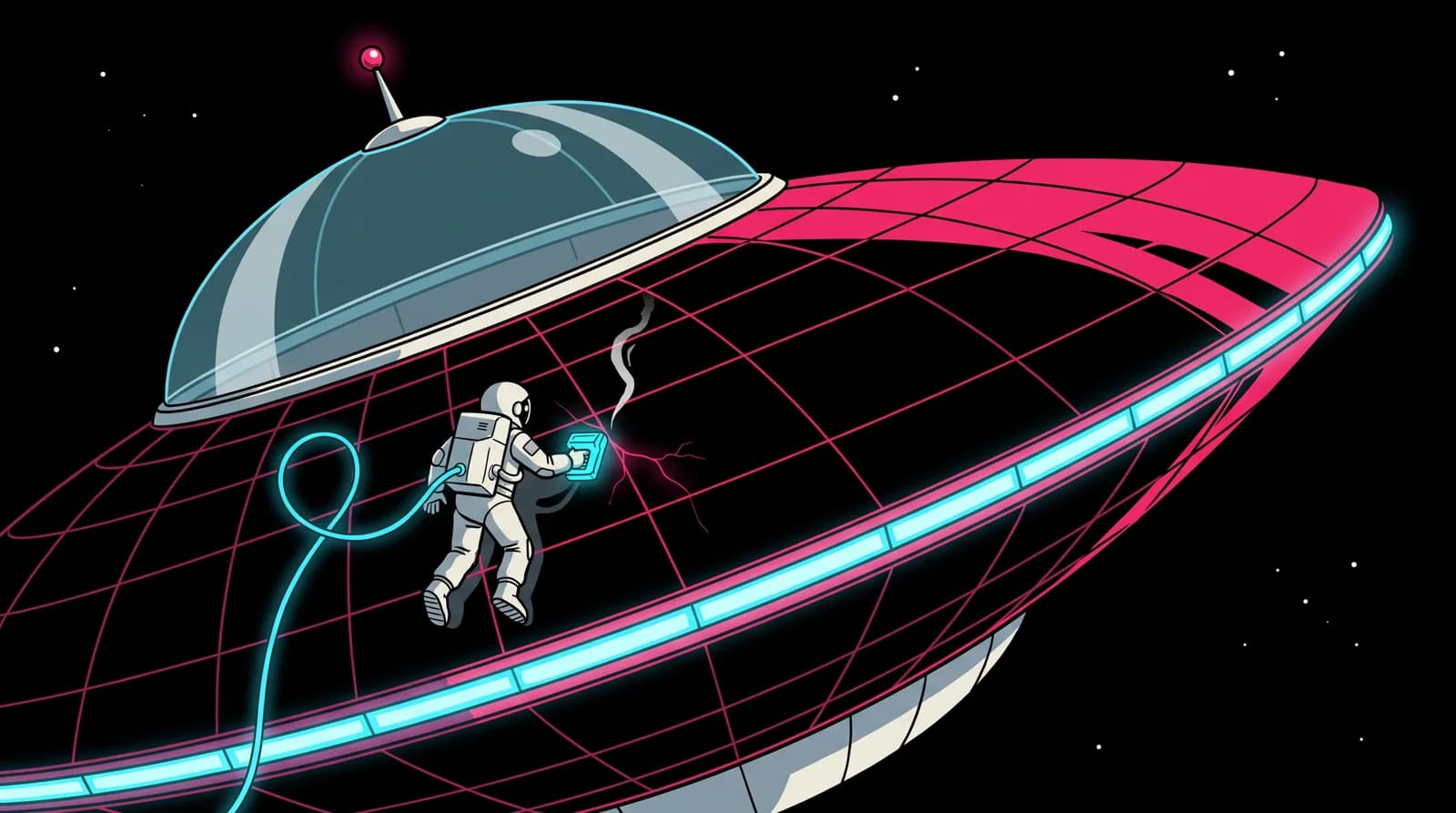 A tiny astronaut presses a cyan scanner to the hull of the Spaceship Alpha 9 saucer; one hairline seam glows pink.