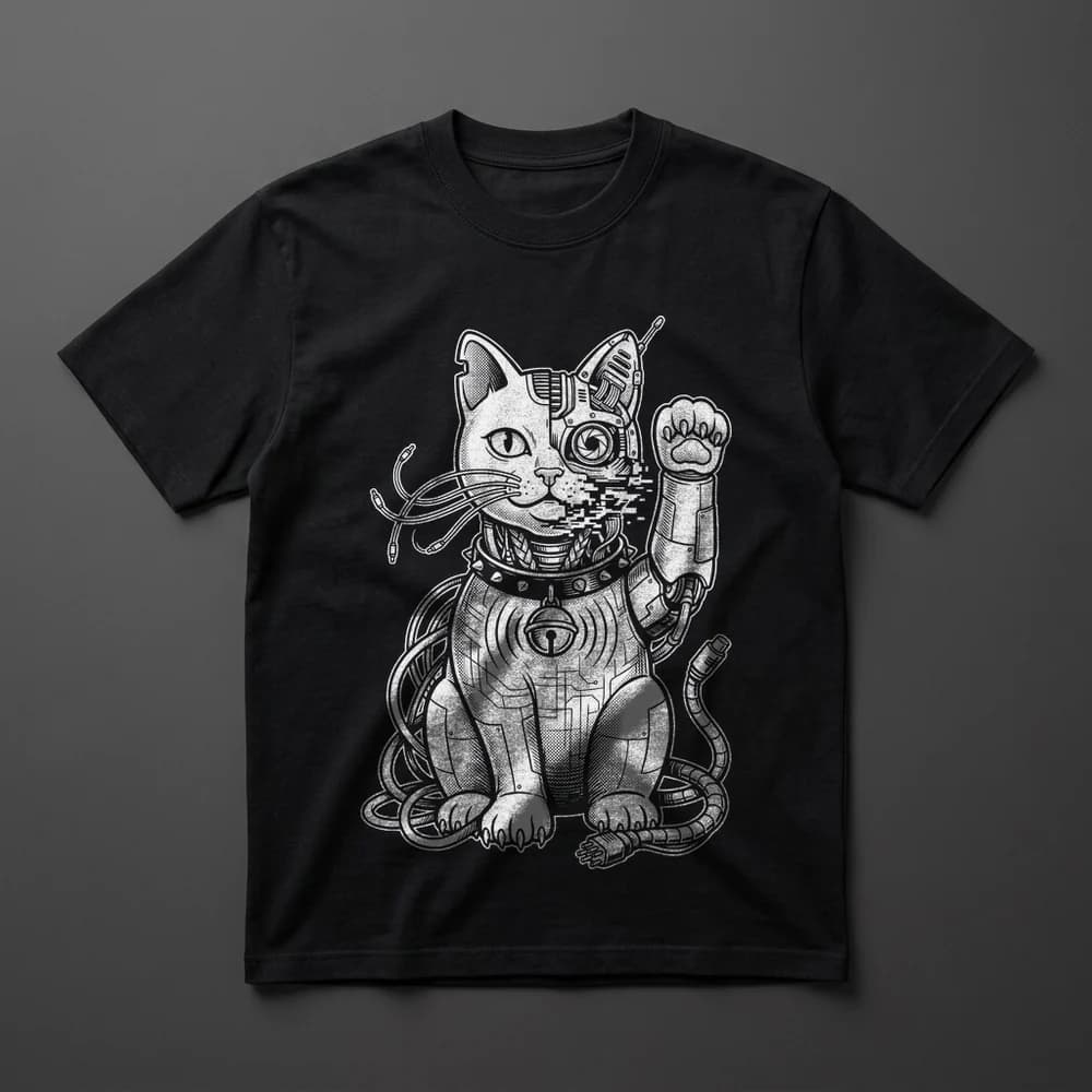 The Cyberpunk Neko tee — one-ink plate on a black heavyweight shirt